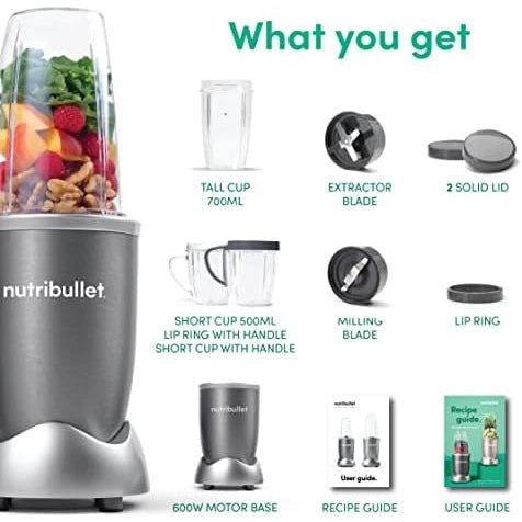 NutriBullet 600 Watts, 9pc Accessories,, Multi-Function High Speed Blender, Mixer System With Nutrient Extractor, Smoothie Maker, Grey, NBR-1212M, 1-year limited warranty - Medaid