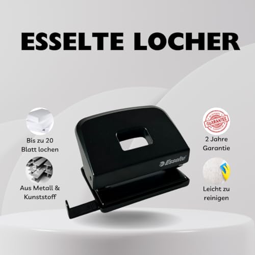 Esselte - Heavy Duty Metal Hole Punch for A4/A5/A6, Punches 20 Sheets, Black