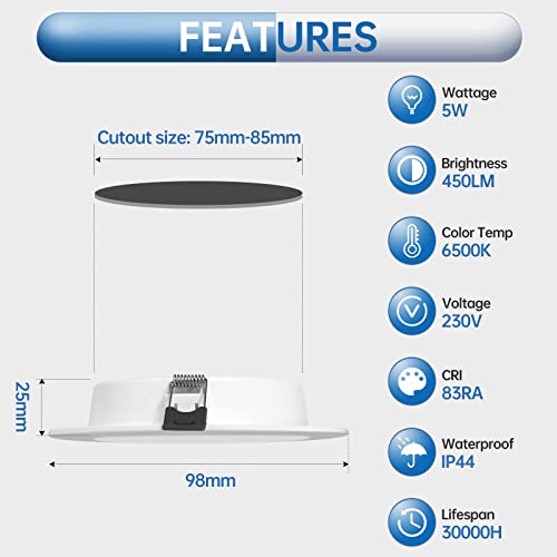 Eande - 10 x 5W LED Recessed Spotlights, IP44 Waterproof, Cool White 6500K