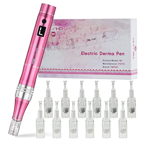 Tbphp - TBPHP M1 Microneedling Pen Kit with 12 Replacement Cartridges, Adjustable Depth for Face & Body (Pink)