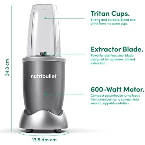 NutriBullet 600 Watts, 9pc Accessories,, Multi-Function High Speed Blender, Mixer System With Nutrient Extractor, Smoothie Maker, Grey, NBR-1212M, 1-year limited warranty - Medaid