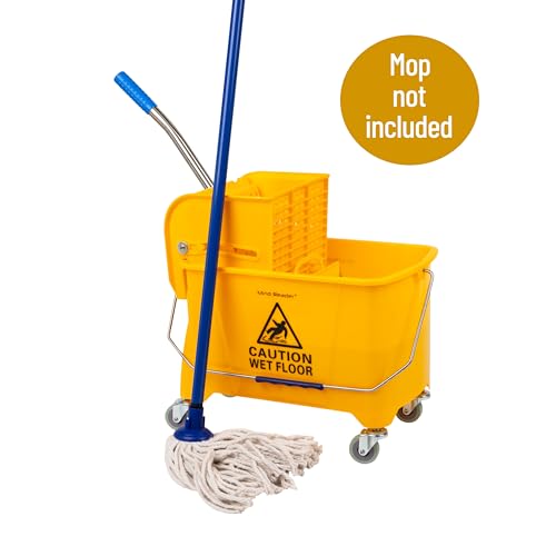 Mind Reader Mop Bucket with Wringer, 22 Qt (5.5 Gallon), Floor Cleaning, Handle, Wheels, 16.25"L x 10.75"W x 24.5"H, Yellow - Medaid International