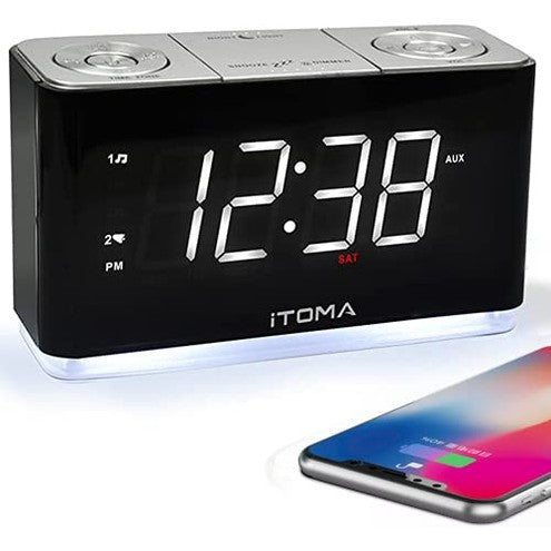 iTOMA - Dual Alarm Clock with Snooze, USB Charging, Dimmer Control & Night Light
