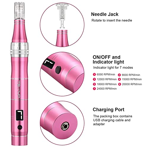 Tbphp - TBPHP M1 Microneedling Pen Kit with 12 Replacement Cartridges, Adjustable Depth for Face & Body (Pink)