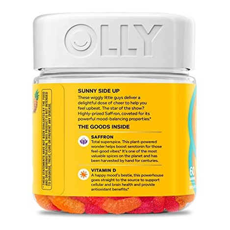 OLLY Hello Happy Gummy Worms, Mood Balance Support, Vitamin D, Saffron, Adult Chewable Supplement, Tropical Zing - 60 Count - Medaid International