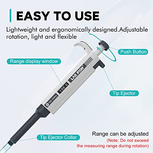 Lab Fish - Adjustable Single Channel Micropipette, Durable, Chemically Resistant, Variable Volume