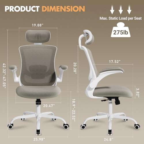 High Back Office Chair with Adjustable Lumbar Support & Headrest, Ergonomic Mesh Desk Chair with Flip-Up Armrests, Breathable & Comfortable Computer Chair for Home, Office & Study, Khaki - Medaid International
