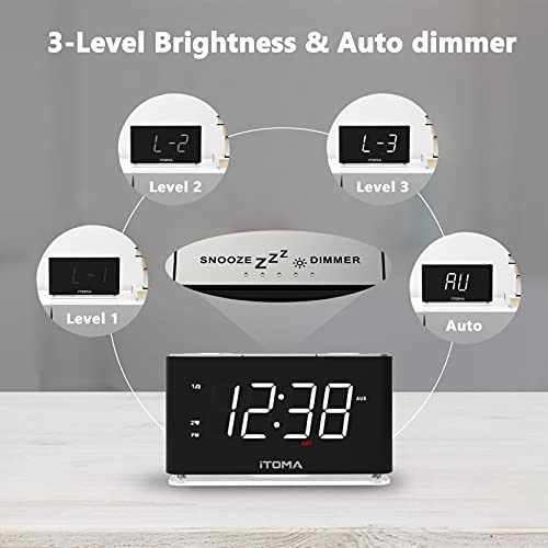 iTOMA - Dual Alarm Clock with Snooze, USB Charging, Dimmer Control & Night Light