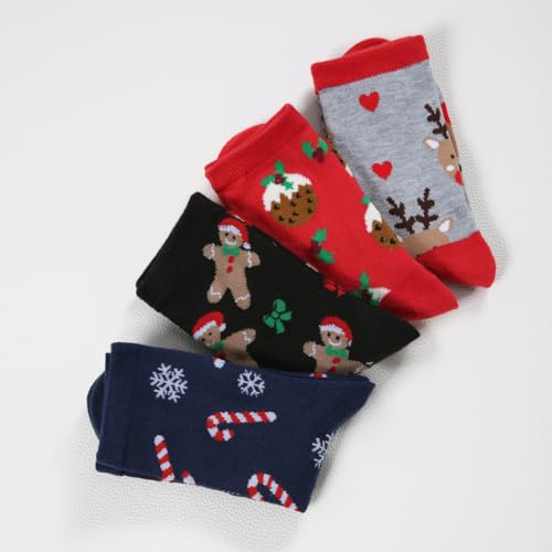 4 pairs of Christmas Socks, Reindeer Bells and Snowflakes Pattern, Women's Autumn and Winter Socks, Personalized Pattern and Color, suitable for Daily Wear, Give Friends a Unique Christmas Gift - Medaid International