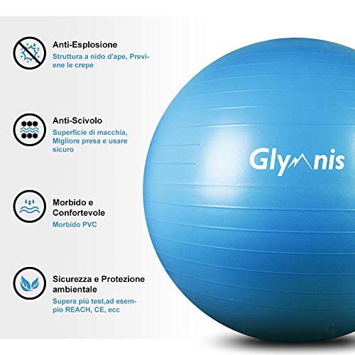 Glymnis - Anti-Burst Fitness Ball 55cm/65cm/75cm, Max Load 300kg, Quick Pump