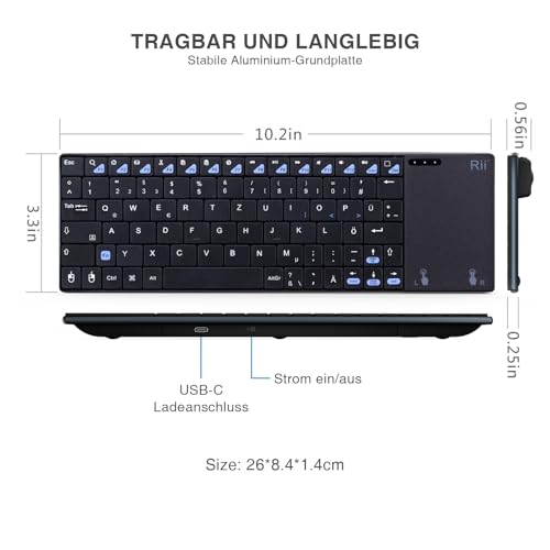 Rii - Wireless Keyboard with Touchpad, Rechargeable, 2.4GHz, Compatible with Laptops/Desktops