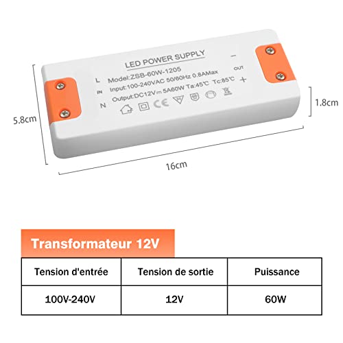 Zakvop - 12V LED Driver, 60W 5A Transformer, Compact Power Supply for G4 GU5.3 MR11 MR16