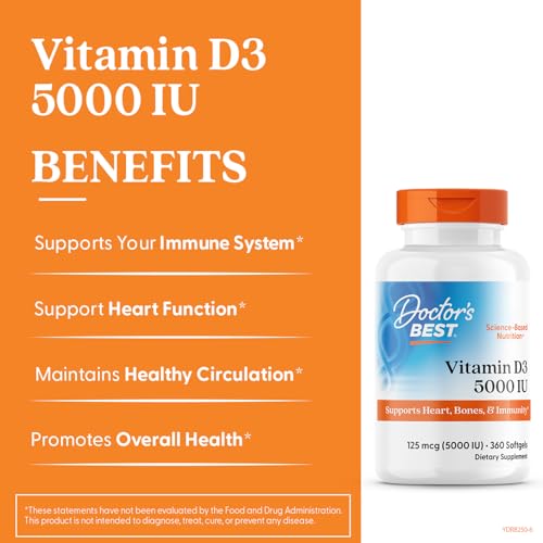 Doctor's Best Vitamin D3 5,000 IU for Healthy Bones, Teeth, Heart and Immune Support, Non-GMO, Gluten-Free, Soy Free, 360 Count (Pack of 1) - Medaid International