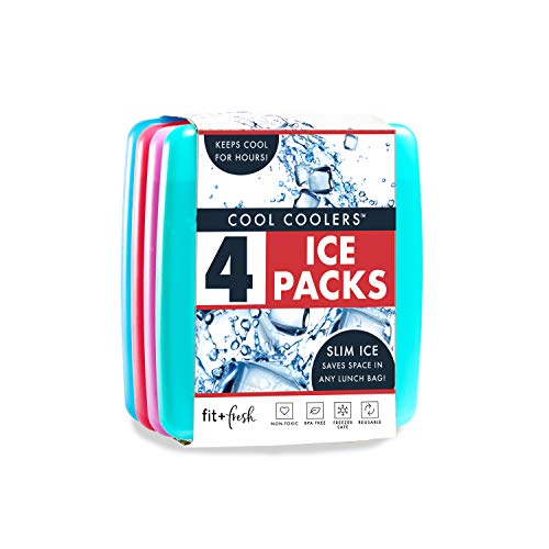 Cool Coolers by Fit & Fresh 4 Pack Slim Ice Packs, Quick Freeze Space Saving Reusable Ice Packs for Lunch Boxes or Coolers, Multi Colored|B07LC4VGKR