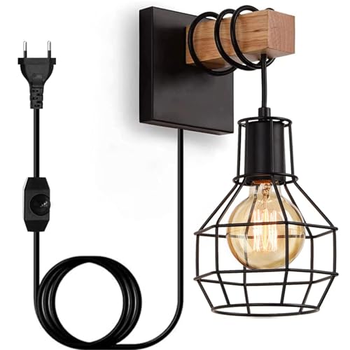 Liyabber - Dimmable Vintage Wall Light Black Industrial Lamp with Switch and Plug