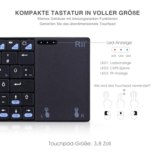 Rii - Wireless Keyboard with Touchpad, Rechargeable, 2.4GHz, Compatible with Laptops/Desktops