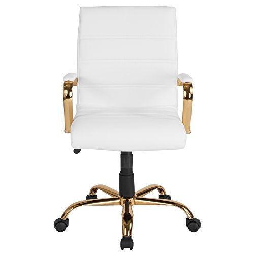 Flash Furniture Whitney Mid-Back Swivel LeatherSoft Desk Chair with Padded Seat and Armrests, Adjustable Height Padded Office Chair, White/Gold - Medaid International