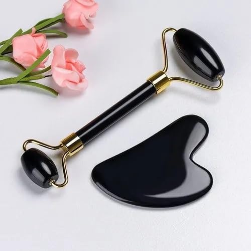 Black Obsidian Jade Facial Roller & Gua Sha Set 100% Natural Source from Highest Altitude of Himalayan Two-Sided Face Neck Massager Stone Beauty Tool - Medaid International