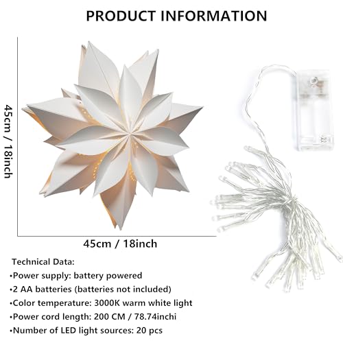 Eanloly - 3D LED Star Paper Lantern, 18" Eco-Friendly Holiday Decor, Twinkle Lights