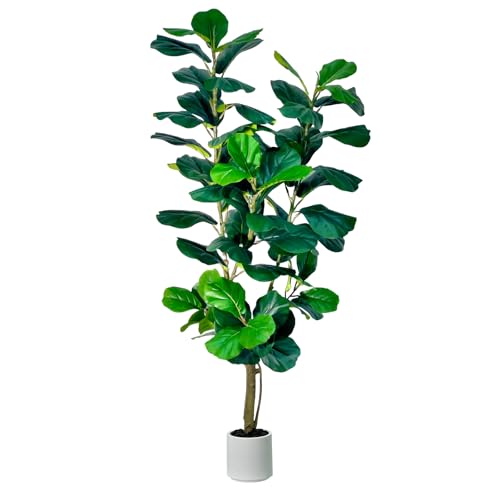 6ft Fiddle Leaf Fig Tree Artificial - Faux Ficus Lyrata Plant with Realistic Leaves in White Planter, Indoor Outdoor Fake Tree for Home Office Living Room Decor - Medaid International