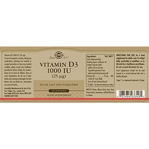Solgar Vitamin D3 (Cholecalciferol) 25 mcg (1000 IU), 100 Softgels - Helps Maintain Healthy Bones & Teeth - Immune System Support - Non-GMO, Gluten Free, Dairy Free - 100 Servings - Medaid International