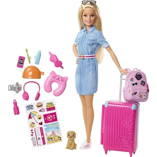 Barbie Travel Doll, Blonde, With Puppy, Opening Suitcase, Stickers And 10+ Accessories, For 3 To 7 Year Olds, Multicolor - Medaid - Lebanon