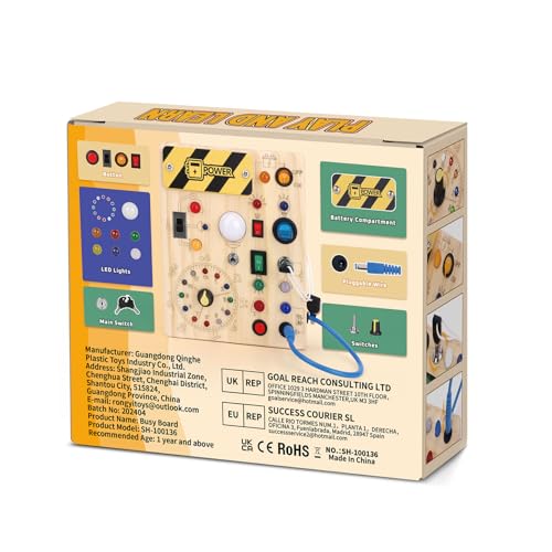 Iabedi Busy Board, Montessori Toy for 1-3 Years Old, Wooden Toddler Sensory Travel Toy, Ideal Gift for 1+ Year Old Boys (Busy Board Plus V2), Medium, Yellow - Medaid International