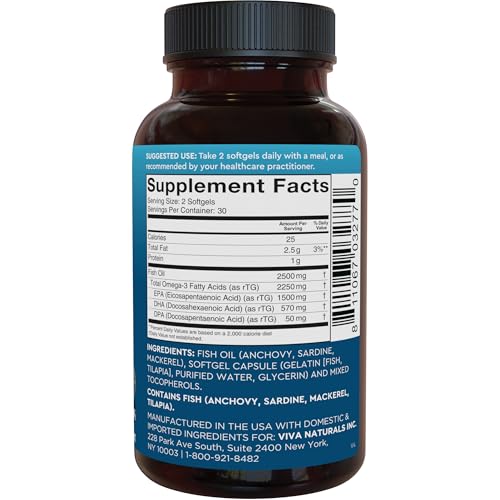 Viva Naturals Omega-3 Fish Oil, Triple Strength, 2500 mg, 60 Softgels – Re-Esterified Omega 3 Fatty Acids Including EPA, DHA, DPA - Pascatarian-Friendly - Medaid International