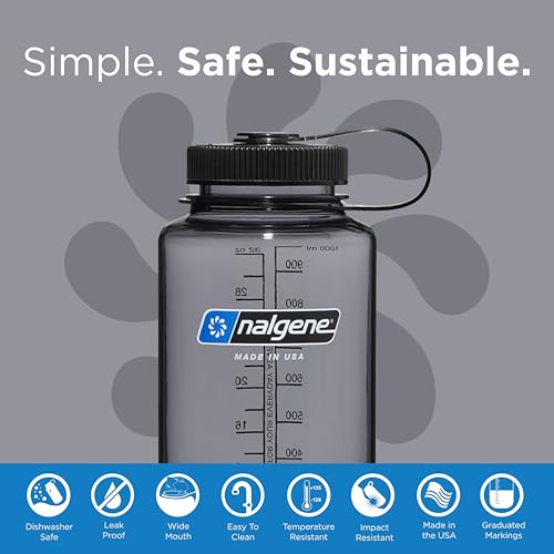 Nalgene Leak Proof Tritan BPA-Free Water Bottle - 32 oz Wide Mouth - Made in the USA for Outdoor Use & Daily Hydration (Grey w/Black Lid)|B0B9T4KCV7