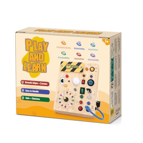 Iabedi Busy Board, Montessori Toy for 1-3 Years Old, Wooden Toddler Sensory Travel Toy, Ideal Gift for 1+ Year Old Boys (Busy Board Plus V2), Medium, Yellow - Medaid International