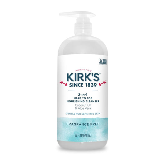 Kirk's 3-in-1 Head to Toe Nourishing Liquid Cleanser- for Men, Women & Children - Premium Coconut Oil & Aloe Vera- Non GMO & Vegan -Fragrance Free - 32 Fl Oz. - Medaid International