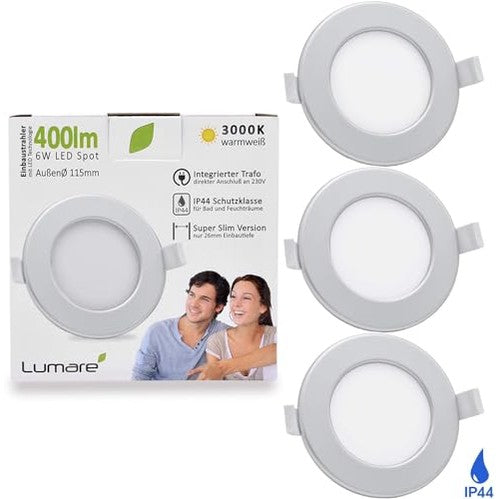 Lumare - 3 Ultra Flat LED Recessed Spotlights, 6W, 400lm, 26mm Depth, 100mm Cut-Out, Silver