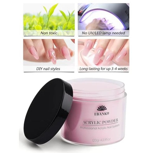 Ebanku - Professional Pink Acrylic Powder, 120g, Long-Lasting, No Nail Lamp Needed