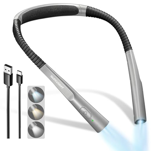 Glocusent - Upgraded LED Neck Reading Light, 30-min Timer, 3 Colors, Rechargeable