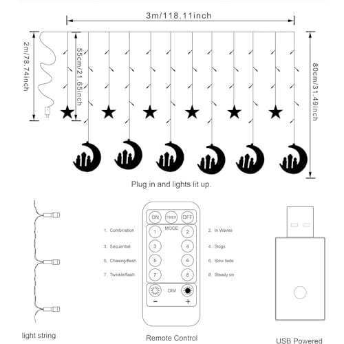 Sunshine Smile - 138 LED Star Moon Fairy Lights, USB & Battery Operated, 8 Modes