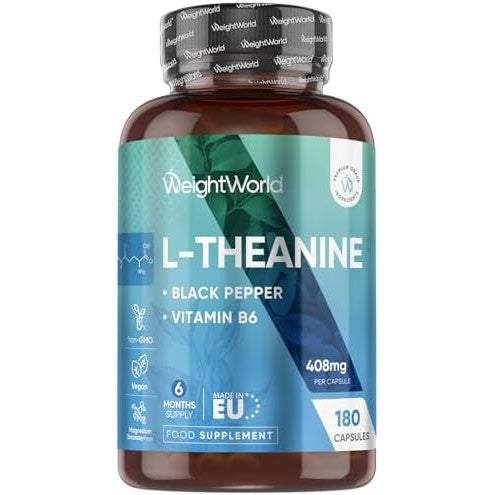 L-Theanine 408mg - 180 Capsules - 6 Months Supply | with Vitamin B6 & Black Pepper | 1 Capsule per Day | Vegan, Gluten-Free & Non-GMO - L Theanine Supplement for Men & Women - Made in Europe|B091FV1FHQ