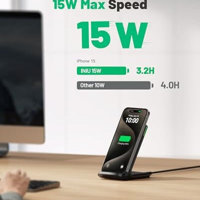 Iniu - 15W Qi Certified Fast Wireless Charger with Adaptive Light & Stand Design