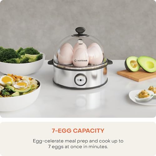 NutriCook Rapid Egg Cooker: 7 Egg Capacity Electric Egg Cooker for Boiled Eggs, Poached Eggs, Scrambled Eggs, or Omelettes with Auto Shut Off Feature - Silver - Medaid