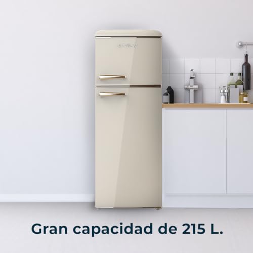Cecotec - Retro 215L Beige Refrigerator with 2 Doors, Glass Trays, Temperature Control