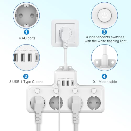 Techuoso - Electric Power Strip with Independent Control, 4 Sockets, White
