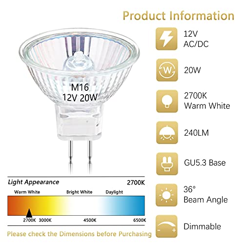 Figame - MR16 Halogen Light Bulbs, 20W 12V, Warm White 2700K, Dimmable, Pack of 6