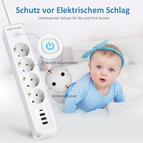 Sternhell - 4-Way Power Strip with 4 USB Ports, Surge Protection, Wall Mounted