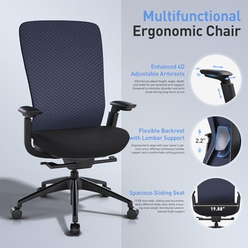 Executive Office Chair with 4D Adjustable Arms & Lumbar Support - Mesh Seat Depth Adjustment, 107°-115°-123°-132° Recline, Memory Foam & Aluminum Base for Modern Home/Office,Blue - Medaid International