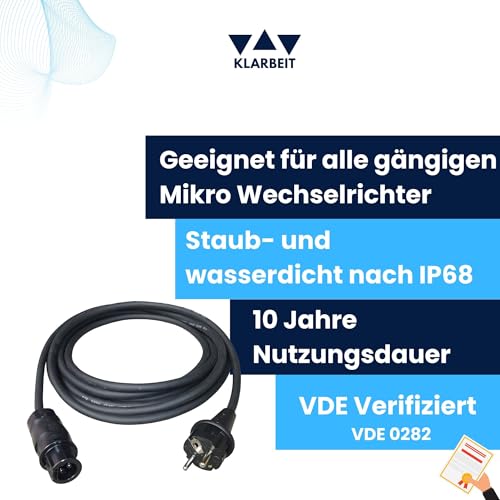Klarbeit - Betterie BC01 to Schuko AC Cable, 5m, IP54 Rated, Reliable Extension for Micro Inverters