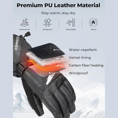 Kemimoto - Waterproof Heated Gloves for Women, Touchscreen, Battery Included, PU Leather