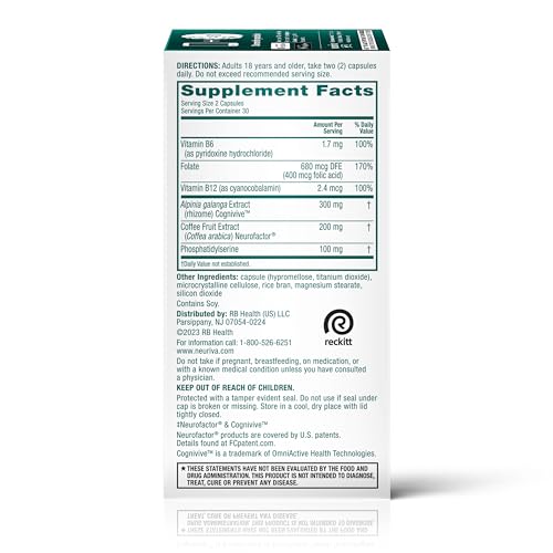 NEURIVA Ultra Decaffeinated Clinically Tested Nootropic Brain Supplement for Mental Alertness, Memory, Focus & Concentration, Cognivive, Neurofactor, Phosphatidylserine, Vitamins B6 B12, 60 Capsules - Medaid International