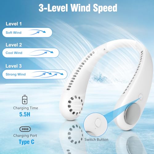 Auokai - 360° Cooling Neck Fan with 2600 mAh Battery, 3 Speed, Portable Design