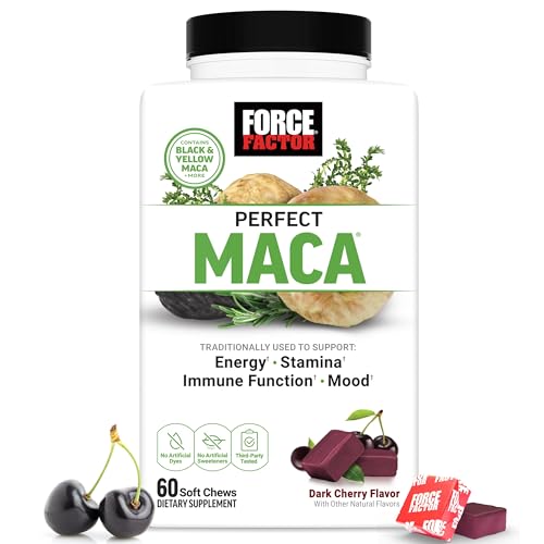 FORCE FACTOR Perfect Maca, Maca Root and DIM Supplement with Saffron to Boost Energy and Mood, with Yellow and Black Maca, Vitamins, Minerals, and Antioxidants, Dark Cherry Flavor, 60 Soft Chews - Medaid International