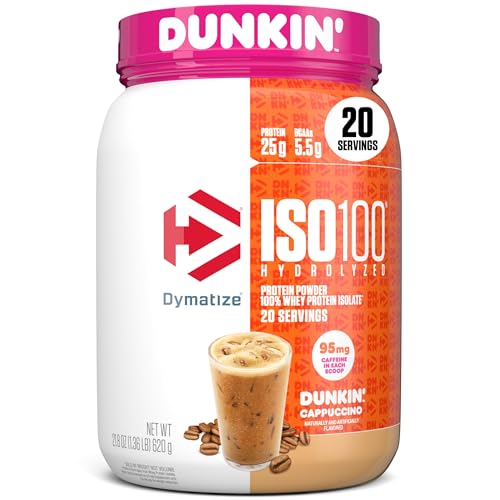 Dymatize x Dunkin' Cappuccino ISO100 Whey Protein Powder, 95mg Caffeine, 25g of Protein5.5g BCAAs, 120 Cal., Gluten Free, 1g Fat, 1g Sugar, 2g Carb (20 Servings) - Medaid International