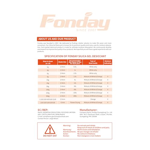 5g x 60 packs Fonday Rechargeable Silica Gel Desiccant Packets Food Grade Fast Reactivate Desiccant Bags Moisture Indicating Orange to Green - Medaid International